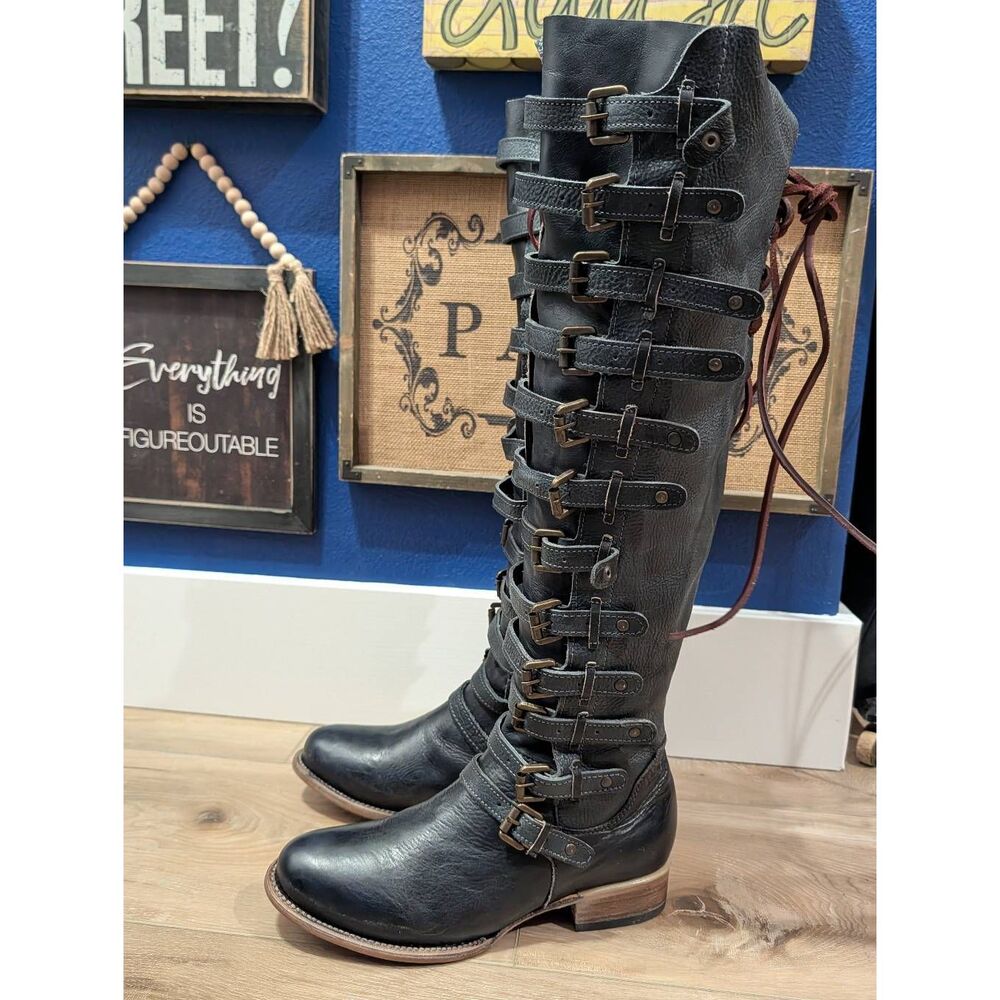Freebird by Steven Rylan Boots Navy Buckles Boho Steampunk Western Womens 9 RARE - Picture 4 of 9